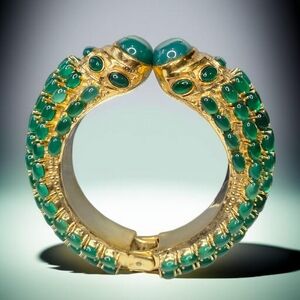 Massive 18k Gold Plated Emerald  Cabochon Bangle Cuff Clamper Bracelet